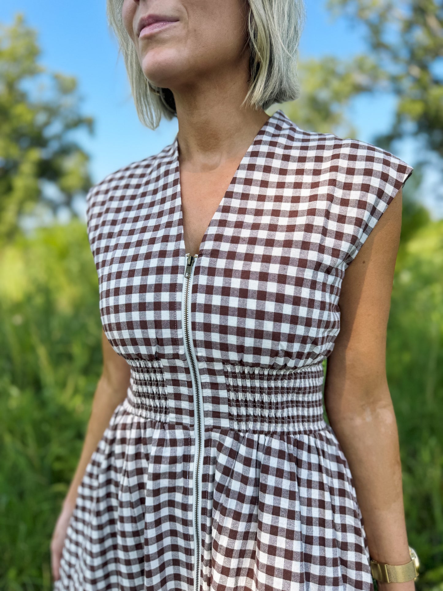 Brown Gingham Midi Dress