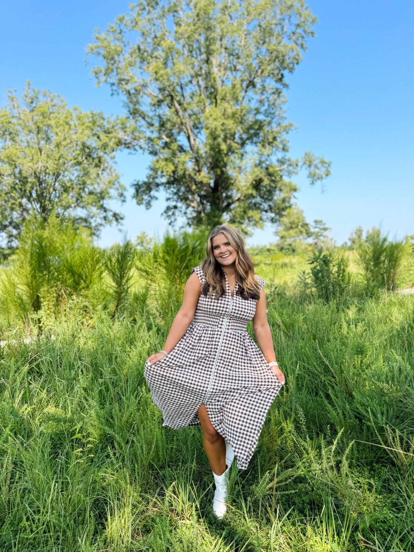 Brown Gingham Midi Dress