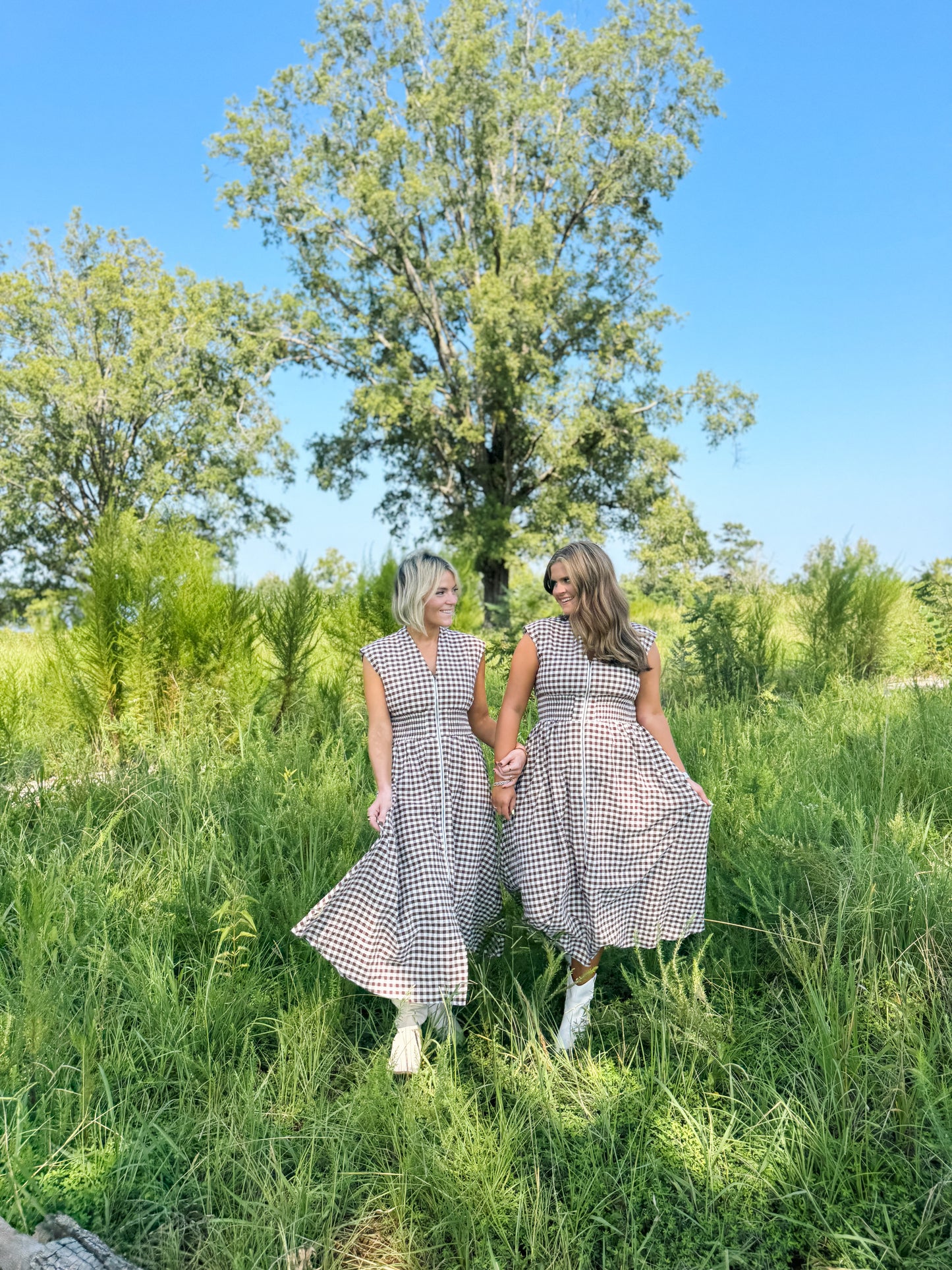 Brown Gingham Midi Dress