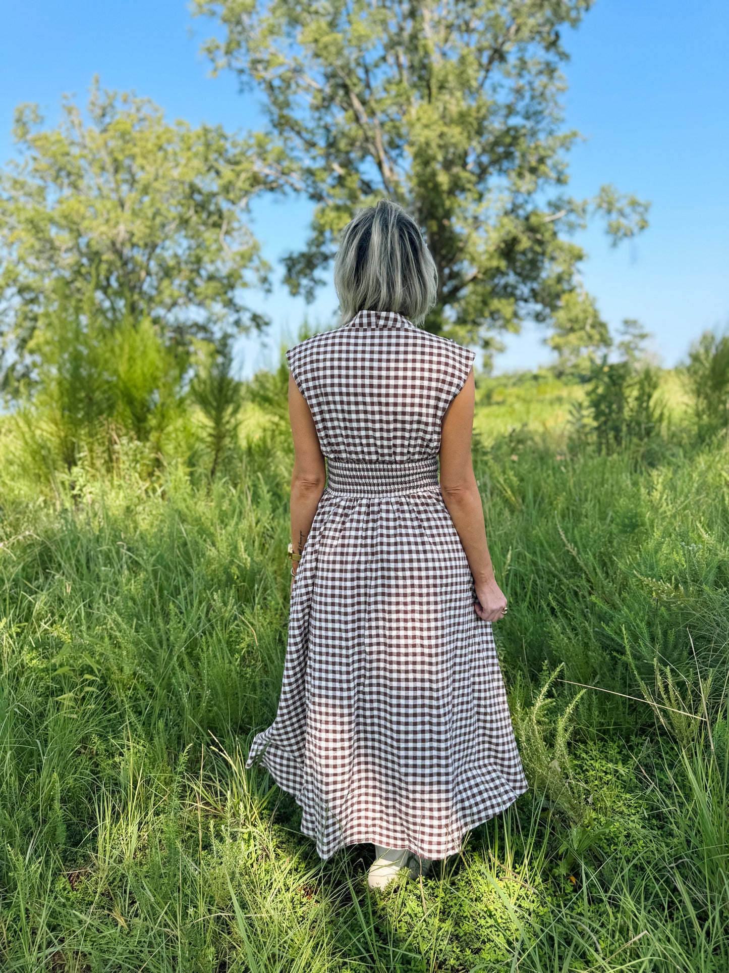 Brown Gingham Midi Dress