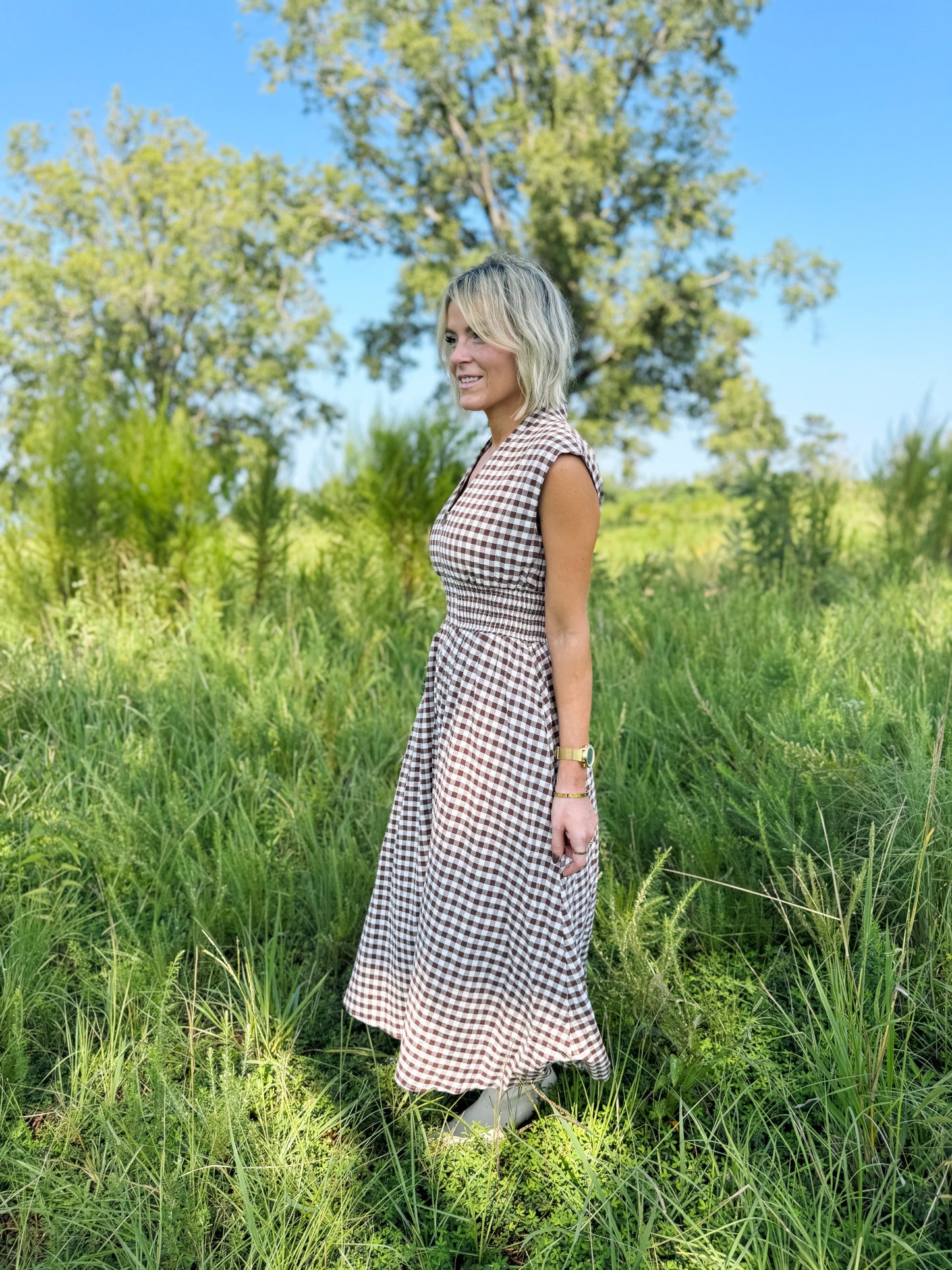 Brown Gingham Midi Dress