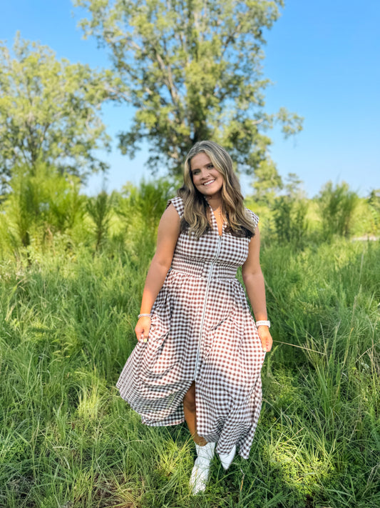 Brown Gingham Midi Dress